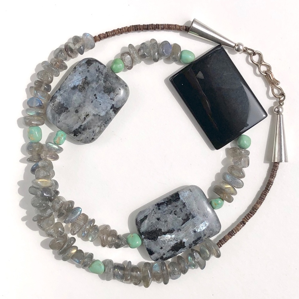 handmade beaded necklace Labradorite Larvikite Black Onyx focal Turquoise Boho